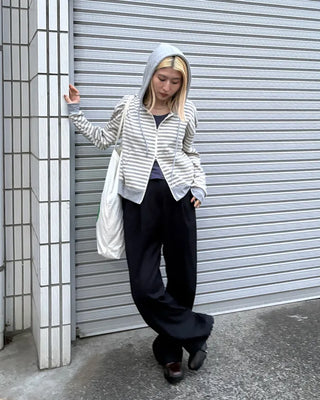 Striped semi-cropped double-zip waffle hoodie