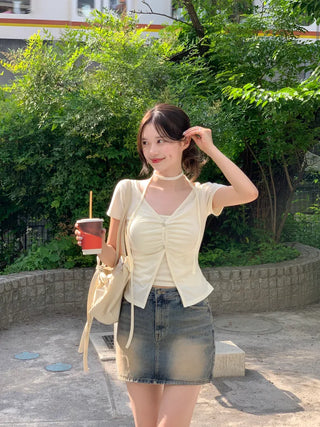 Shirred Sleeveless Cardigan Set