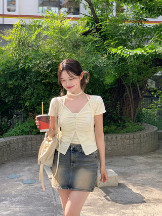 Shirred Sleeveless Cardigan Set