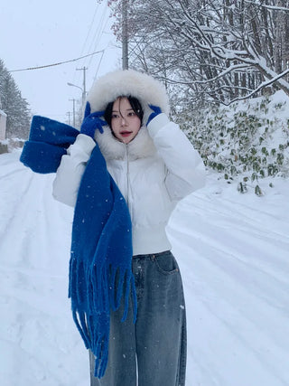 Cropped down jacket with fur hood