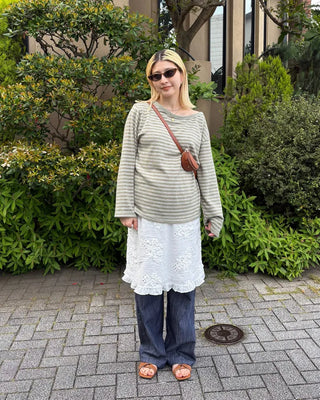 Boat neck striped long cut and sew