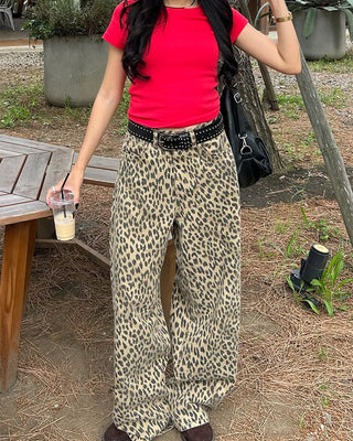 Pigmented leopard print cotton wide-leg pants