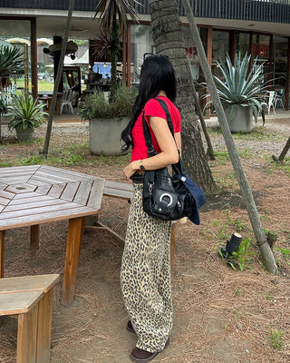 Pigmented leopard print cotton wide-leg pants