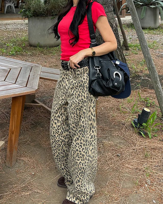 Pigmented leopard print cotton wide-leg pants