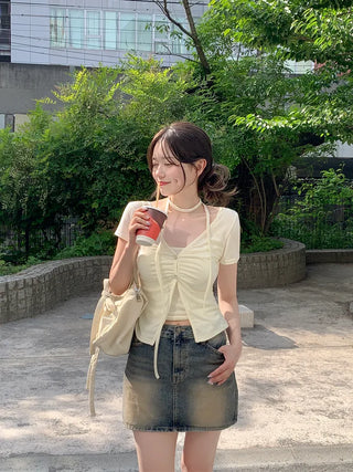 Shirred Sleeveless Cardigan Set