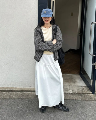 V-neck shirred long skirt