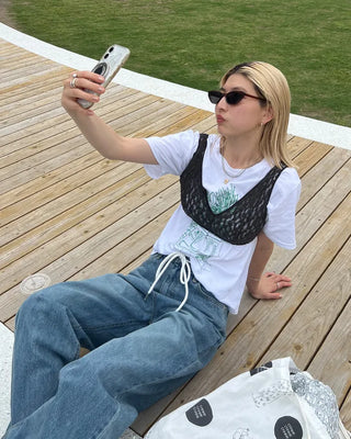 Straight-leg denim pants with string waistband