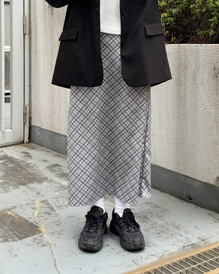 Waist bag, elastic waistband, checkered long skirt