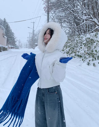 Cropped down jacket with fur hood