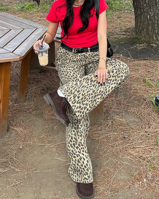 Pigmented leopard print cotton wide-leg pants