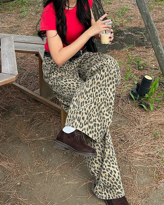 Pigmented leopard print cotton wide-leg pants