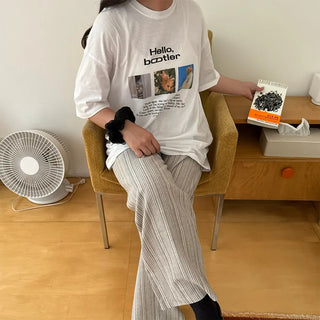 Linen striped elastic waist pants