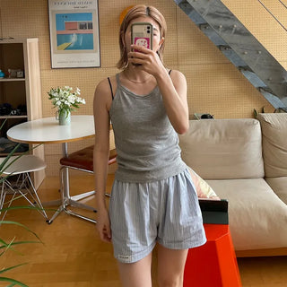 Cotton striped elastic waist shorts