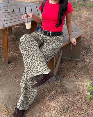Pigmented leopard print cotton wide-leg pants
