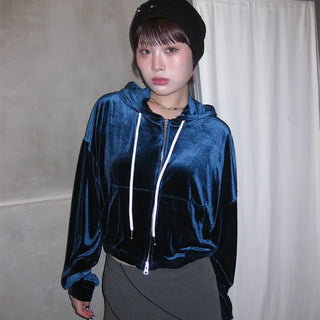 Velvet Cropped Zip Hoodie