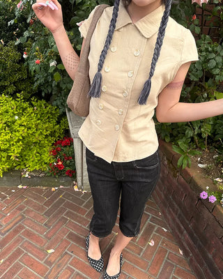 Raglan cap sleeve double-button blouse