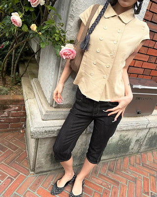 Raglan cap sleeve double-button blouse