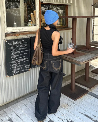 Back pocket stitch wide rigid denim pants