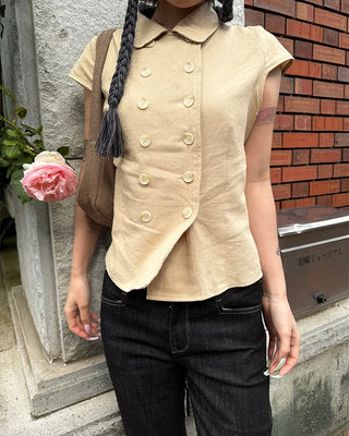 Raglan cap sleeve double-button blouse