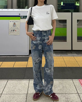 Flower pattern denim pants