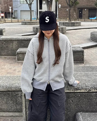 Striped Loose Fit Knit Hooded Parka