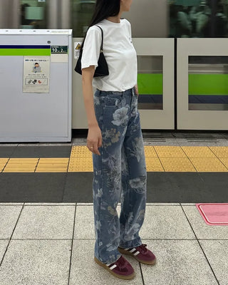 Flower pattern denim pants