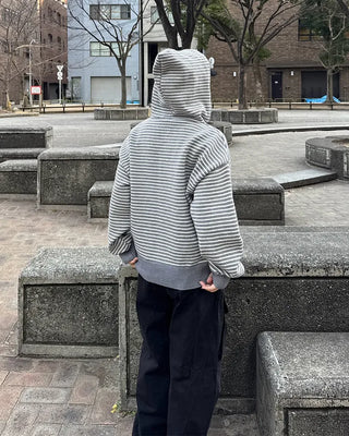 Striped Loose Fit Knit Hooded Parka