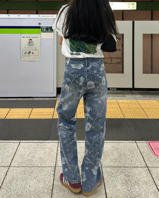 Flower pattern denim pants