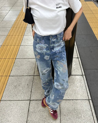 Flower pattern denim pants
