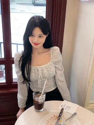 [S, M] Polka Dot Long-Sleeve Blouse