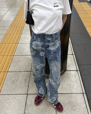 Flower pattern denim pants