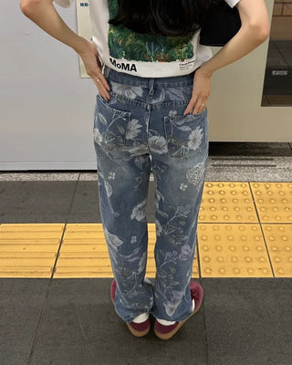 Flower pattern denim pants