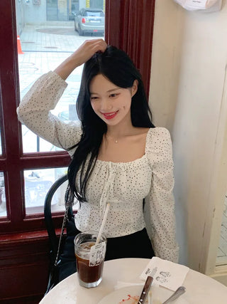 [S, M] Polka Dot Long-Sleeve Blouse