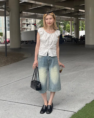 2-Way Gathered Elastic Lace Neck Button Blouse