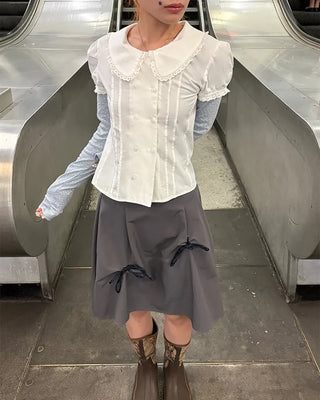 [6th Re-release] (ORIGINAL) Heart Button Lace Puff Blouse