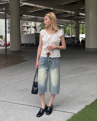 2-Way Gathered Elastic Lace Neck Button Blouse