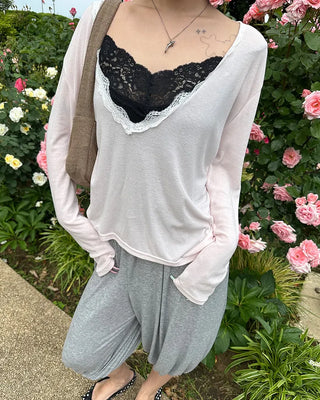 Lace Deep V-Neck Long Sleeve Cut and Sewn