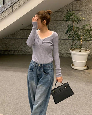 Lace neckline ribbed knit