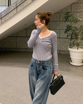 Lace neckline ribbed knit