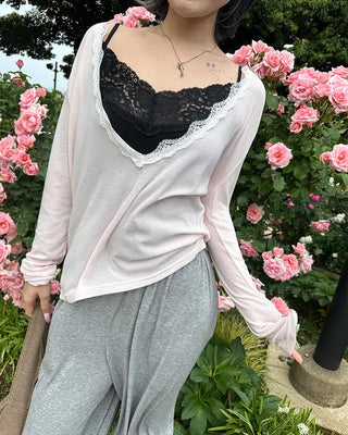 Lace Deep V-Neck Long Sleeve Cut and Sewn