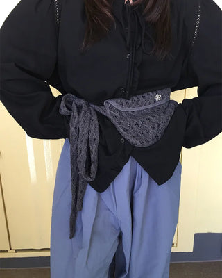 (Unisex) Black Button Elastic Waist Parachute Pants