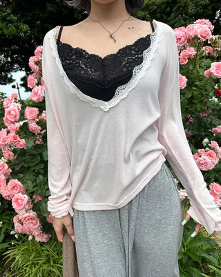 Lace Deep V-Neck Long Sleeve Cut and Sewn