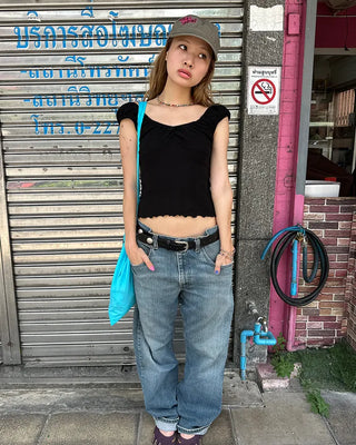 Gathered Shoulder Rib Pointelle Tank Top