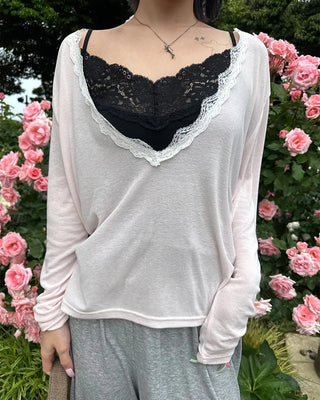 Lace Deep V-Neck Long Sleeve Cut and Sewn