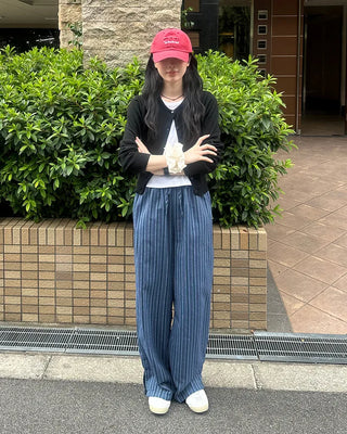 Striped linen elastic waist pants