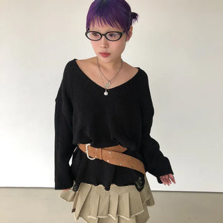 Distressed long knit sweater