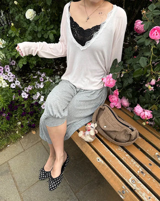 Lace Deep V-Neck Long Sleeve Cut and Sewn