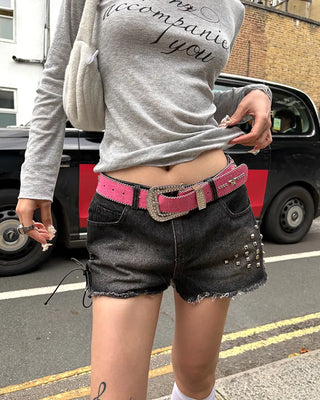 Shoelace Studded Cut-Off Short Denim Pants