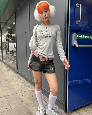 Shoelace Studded Cut-Off Short Denim Pants