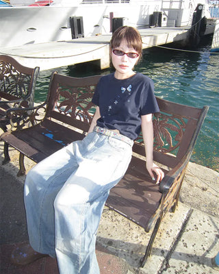Strap Belt Washed Wide Denim Pants